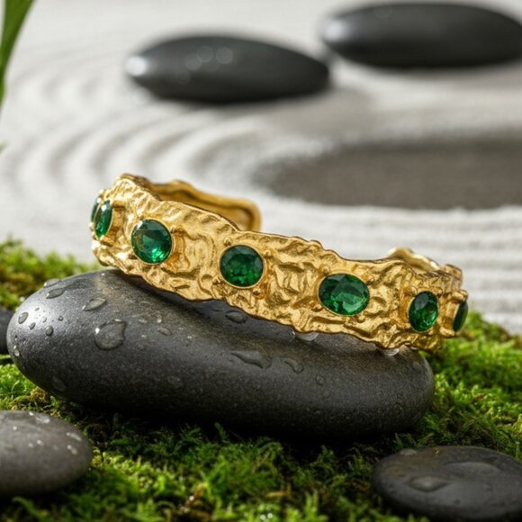 Vintage-Inspired Gold Cuff Bracelet | Green Zirconia Gems | 18K Gold Plated - Picture 12 of 12